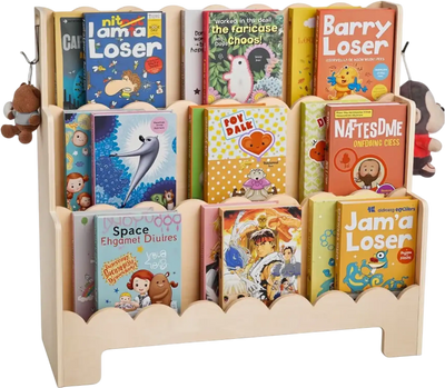 VEVOR Montessori Bookshelf, 3-Tier Scalloped Kids Bookshelf, Front Facing Toddler Bookcase, Dual Hooks for Hanging Backpacks, Baby Bookshelf for Kids Room, Living Room, Entryway, Nursury, Preschool