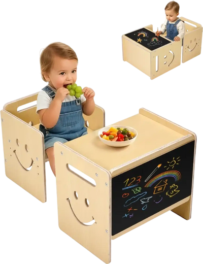 VEVOR Montessori Weaning Table and Chair Set, 3 In 1 Wooden Toddler Table and Chairs with Chalkboard, Adjustable Height Montessori Table for Ages 1-5, Ideal for Drawing, Reading, Eating - Natural