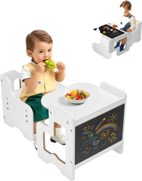 VEVOR Montessori Weaning Table and Chair Set, 3 In 1 Wooden Toddler Table and Chairs with Chalkboard, Adjustable Height Montessori Table for Ages 1-5, Ideal for Drawing, Reading, Eating - White