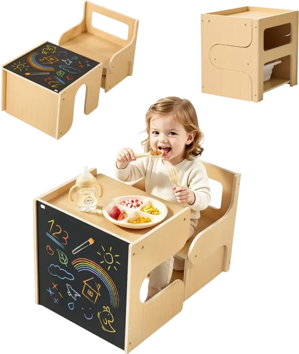 VEVOR Montessori Weaning Table and Chair Set, Wooden, Kids Table and Chair Set for Toddlers 1-5, Step Stool with Blackboard and Storage Space, Easy to Clean, for Eating, Drawing, Reading, Playing