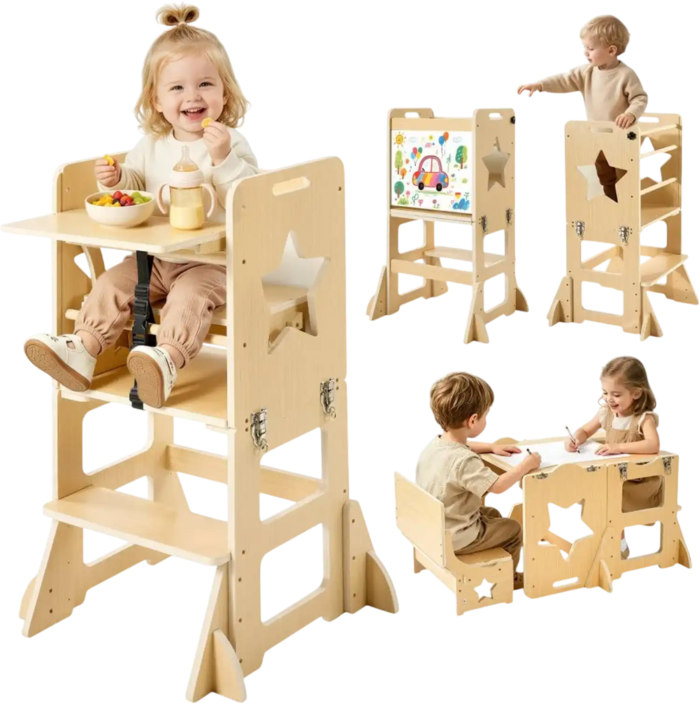 VEVOR Toddler Tower, Wooden, 6 in 1 Kitchen Step Stool for Kids 1-5, Montessori Weaning Table and Chair Set, Learning Standing Tower with Blackboard & Feeding Tray, for Bathroom and Kitchen Counter