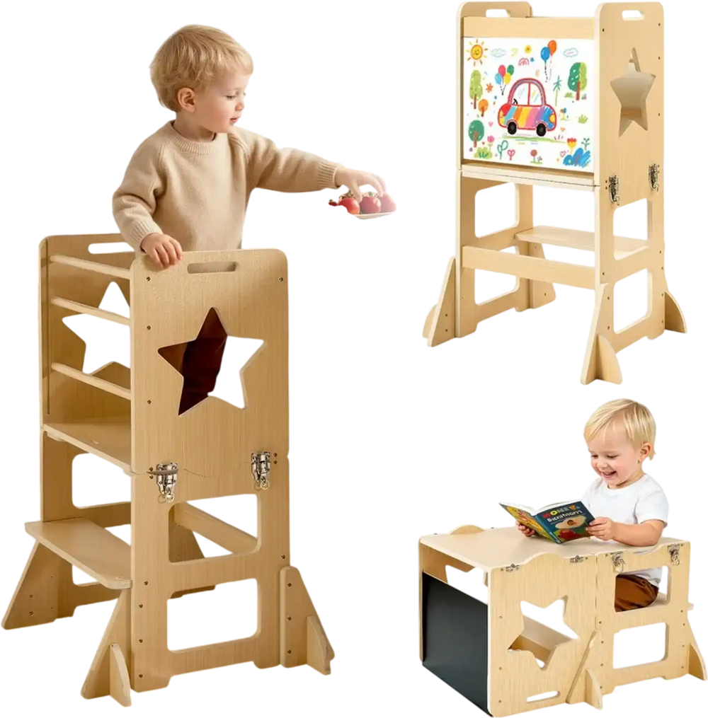 VEVOR Toddler Tower, Wooden, 4 in 1 Kitchen Step Stool for Kids 1-5, Montessori Weaning Table and Chair Set, Learning Standing Tower with Chalkboard, Easy to Clean, for Bathroom and Kitchen Counter