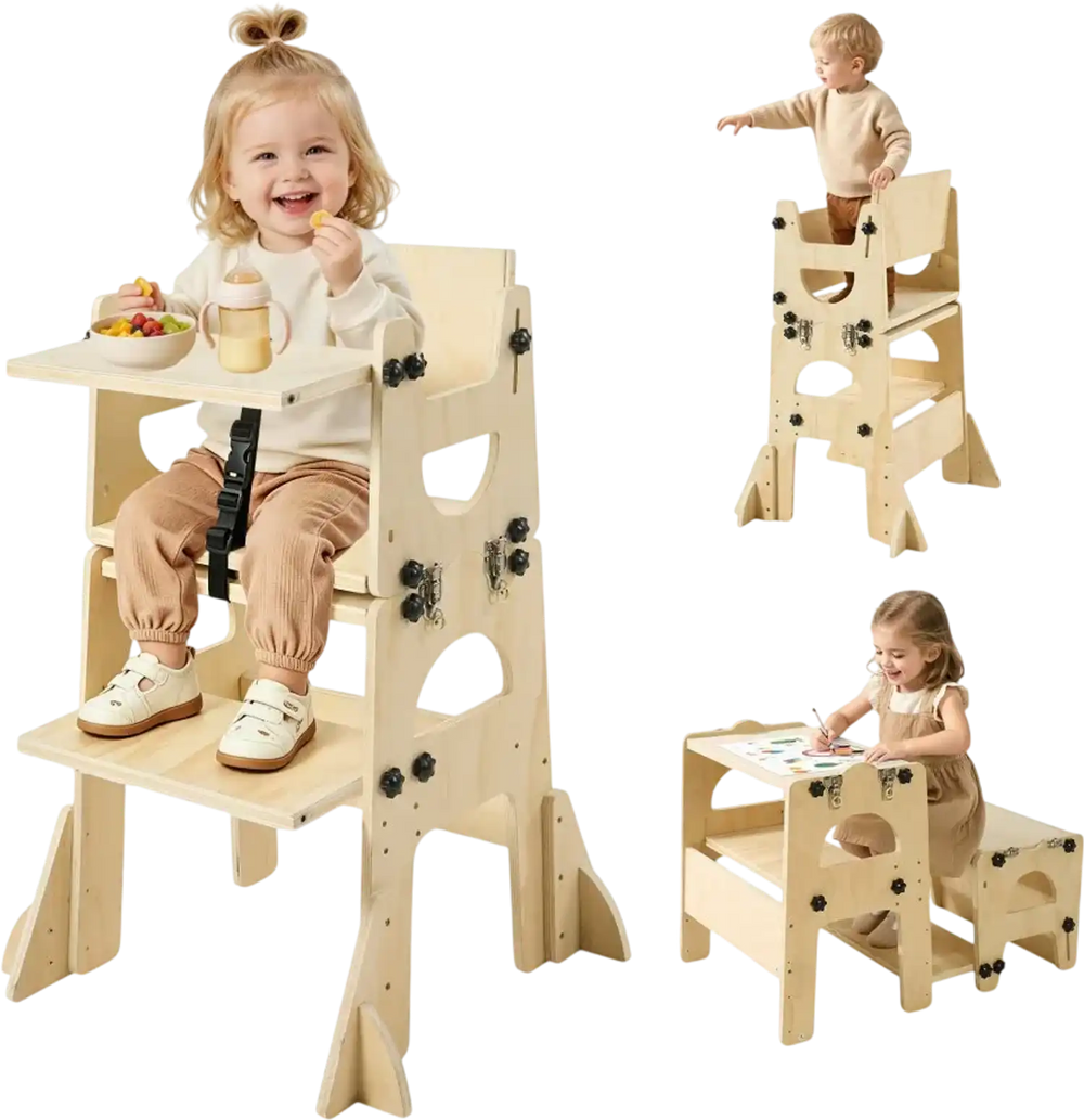 VEVOR Toddler Tower, Wooden, Adjustable Kitchen Step Stool for Kids 1-5, Montessori Weaning Table and Chair Set, Learning Standing Tower with Chalkboard, Backrest, for Bathroom and Kitchen Counter