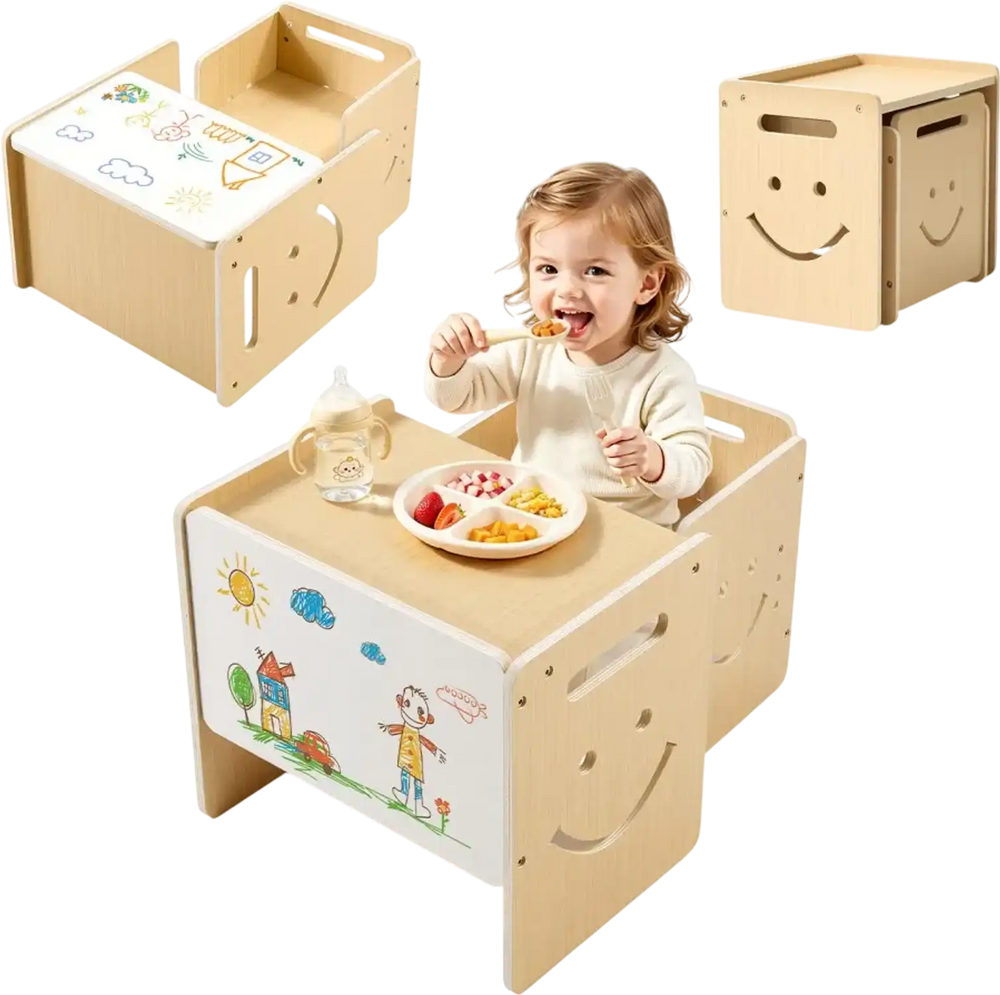 VEVOR Montessori Weaning Table and Chair Set, Wooden, Kids Table and Chair Set for Toddlers 1-5, Step Stool with Whiteboard and 3 Heights Adjustable, Easy to Clean, for Eating Drawing Reading Playing