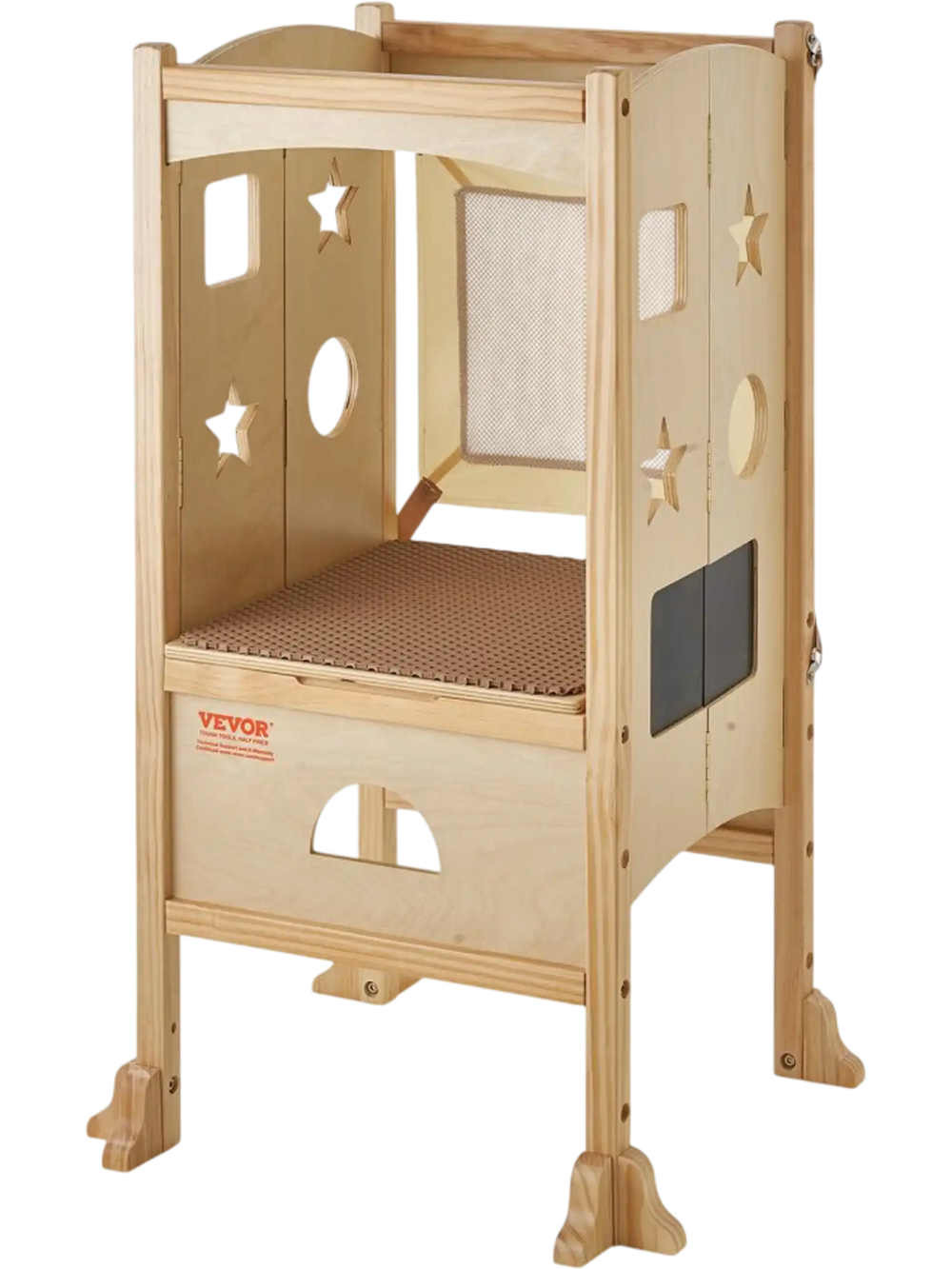 VEVOR Folding Step Stool for Toddlers, Adjustable 3-Height Kids Kitchen Step Stool, Solid Wood Children's Learning Tower with Safety Guard, Versatile for Kitchen, Bedroom, Bathroom