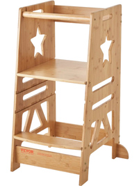 VEVOR Tower Step Stool, 3-Level Height Adjustable Toddler Step Stools for Kids, Bamboo Kids Standing Tower Learning Stool with Safety Rail for Kitchen Counter Bathroom, 350LBS