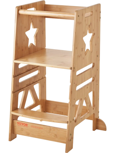 Vevor Tower Step Stool 3-Level Adjustable Bamboo Learning Stool with Safety Rail New