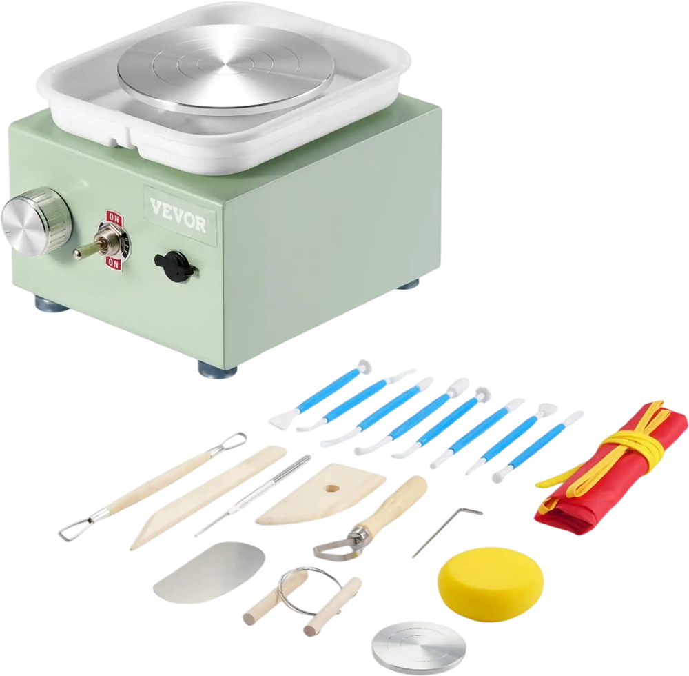 VEVOR Mini Pottery Wheel, 0-320RPM Adjustable Speed Detachable Basin Forming Machine, 2.56in/3.94in 2 Turntables Electric Ceramic Wheel Machine, 18pcs Accessories, for Art Craft Work Home DIY, Green