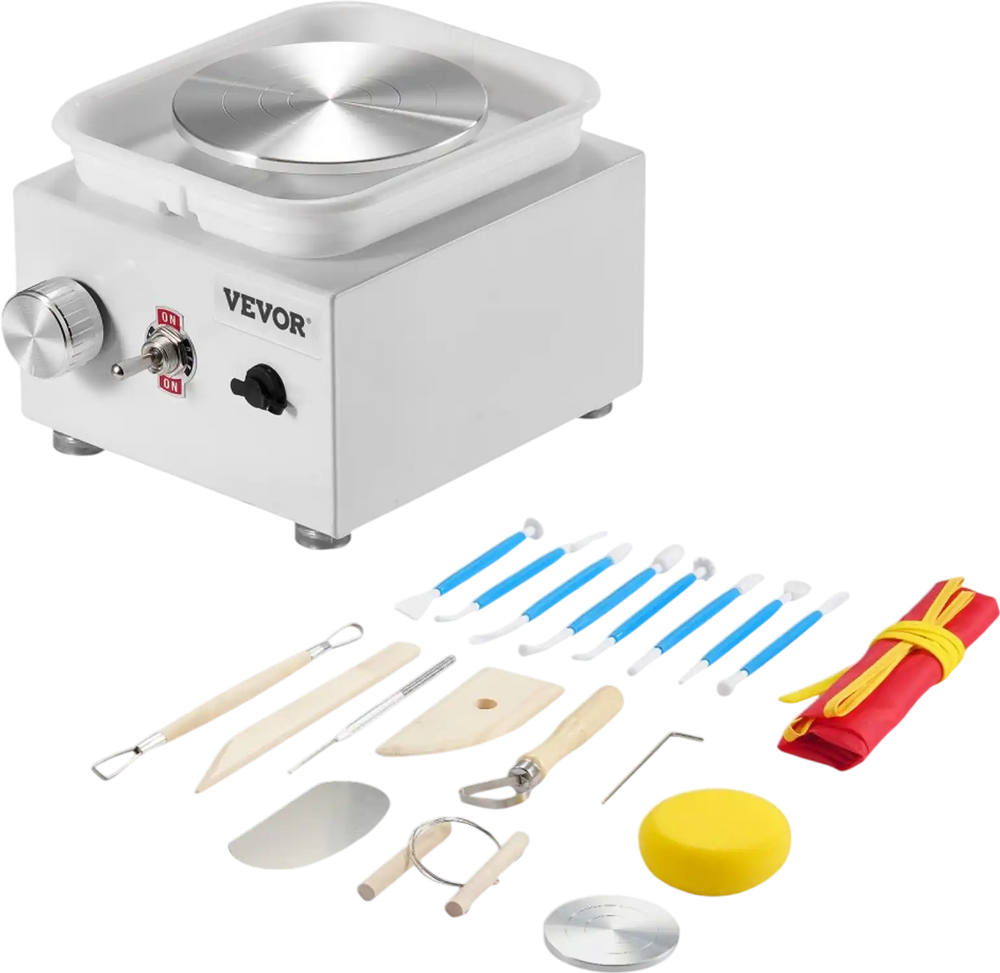 VEVOR Mini Pottery Wheel, 0-320RPM Adjustable Speed Detachable Basin Forming Machine, 2.56in/3.94in 2 Turntables Electric Ceramic Wheel Machine, 18pcs Accessories, for Art Craft Work Home DIY, White