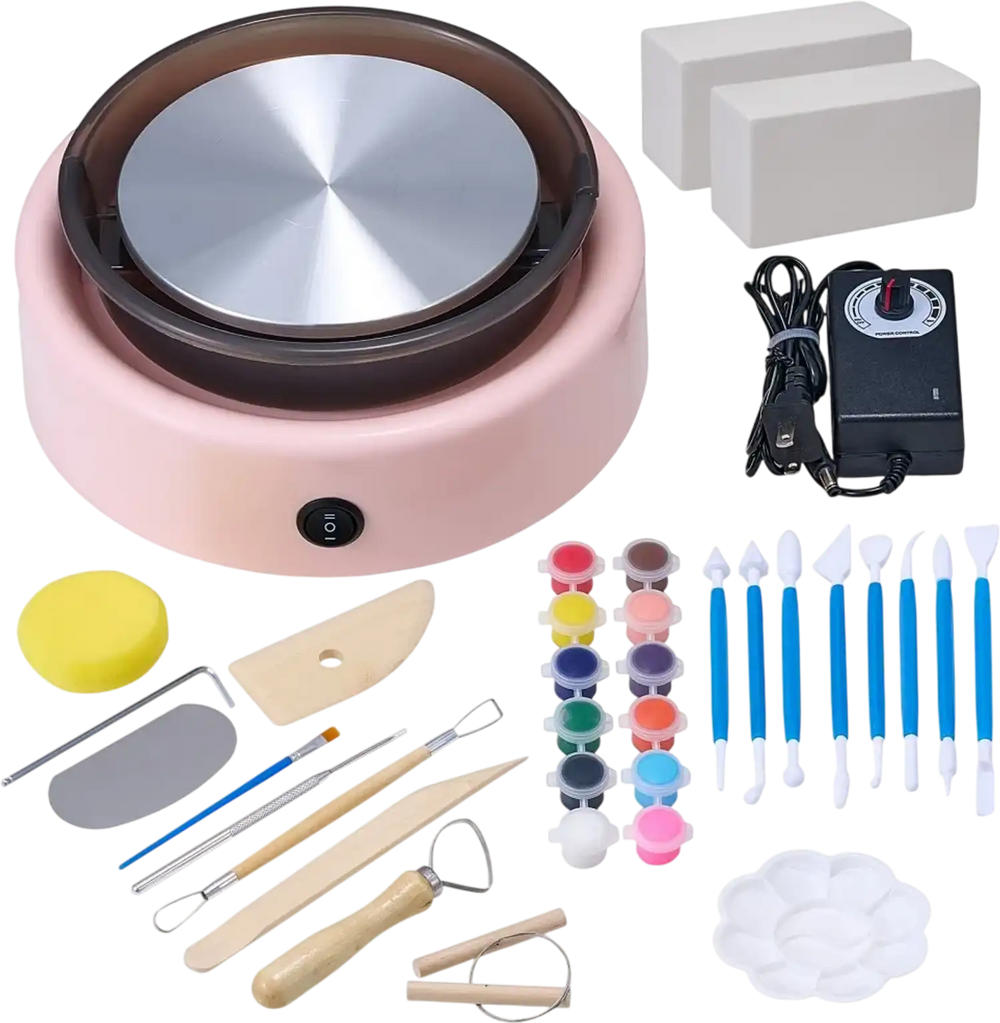 VEVOR Mini Pottery Wheel, 6 inch Turntable, Forward and Reverse Rotation, Adjustable Speed, Electric Clay Wheel for Kids and Beginners, with Shaping Tools, for Home DIY, Pottery Classes, Pink