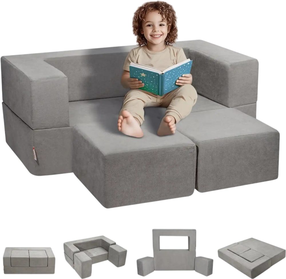VEVOR Kids Couch, 4Pcs Modular Kids Play Couch, Toddler Couch Sofa Bed, Kids Chair Seat Playroom Furniture, Child Sectional Sofa with Removable Cover for Kids Girls & Boys, Grey