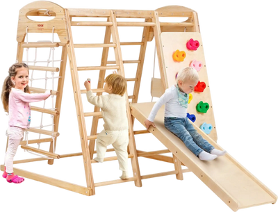 VEVOR Indoor Jungle Gym, 7-in-1 Toddler Indoor Playground, 47.2 x 58 x 56 inch, with Wood and Rope Ladder, Net Ladder, Swing, Monkey Bar, Slide, Climbing Wall, Wooden Indoor Climbing Toys for Kids