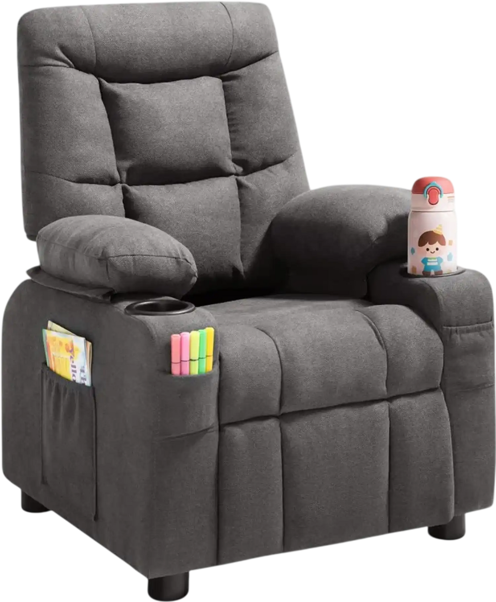 VEVOR Kids Recliner Chair, Toddler Lounger with Cup Holders & Pockets, 107° to 126° Adjustable Back, Breathable Polyester Upholstery Reclining Sofa with Foot-rest, for Boys and Girls, Children (Gray)