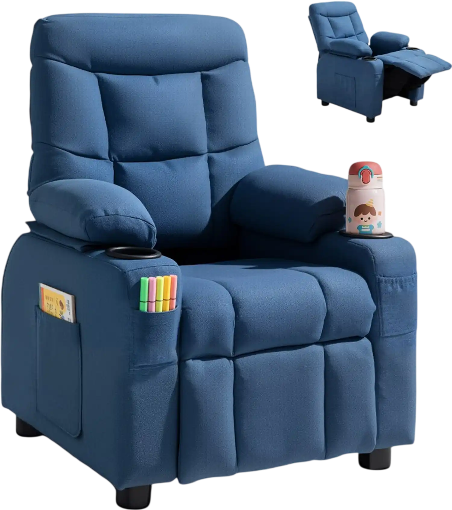Vevor Recliner Chair Kids Adjustable Fabric Toddler Recliner with Cup Holders and Pockets Blue New