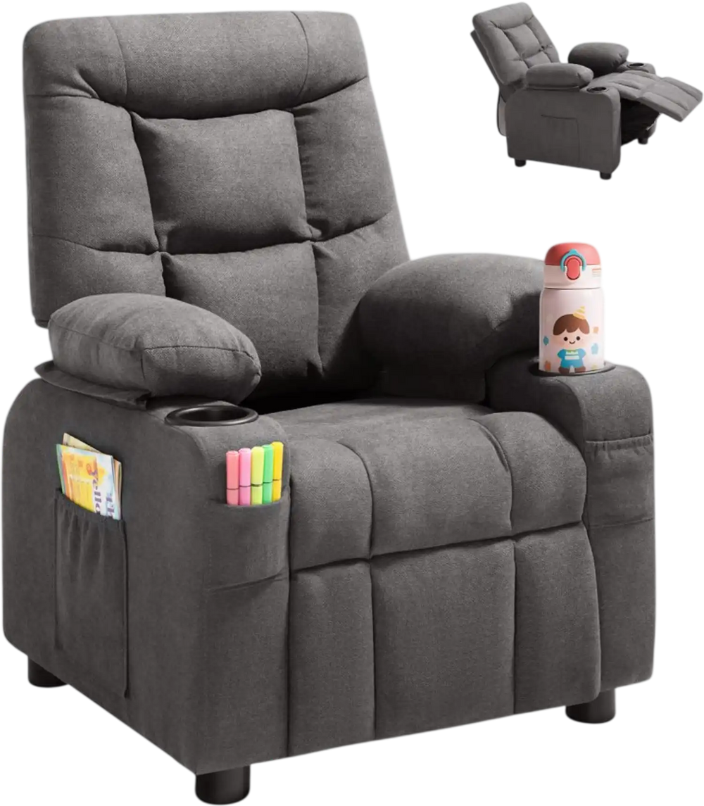 VEVOR Kids Reclining Chair, Toddler Recliner with Cup Holders and Pockets, 107° to 126° Adjustable Backrest, Breathable Polyester Fabric Recliner Couch with Footrest, for Boys & Girls, Children(Grey)