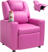 VEVOR Kids Reclining Chair, Toddler Recliner with Cup Holder, 101° to 121° Adjustable Backrest, Easy-to-Clean PU Leather Recliner Couch with Footrest, 90 lbs Load, for Boys & Girls, Children (Pink)