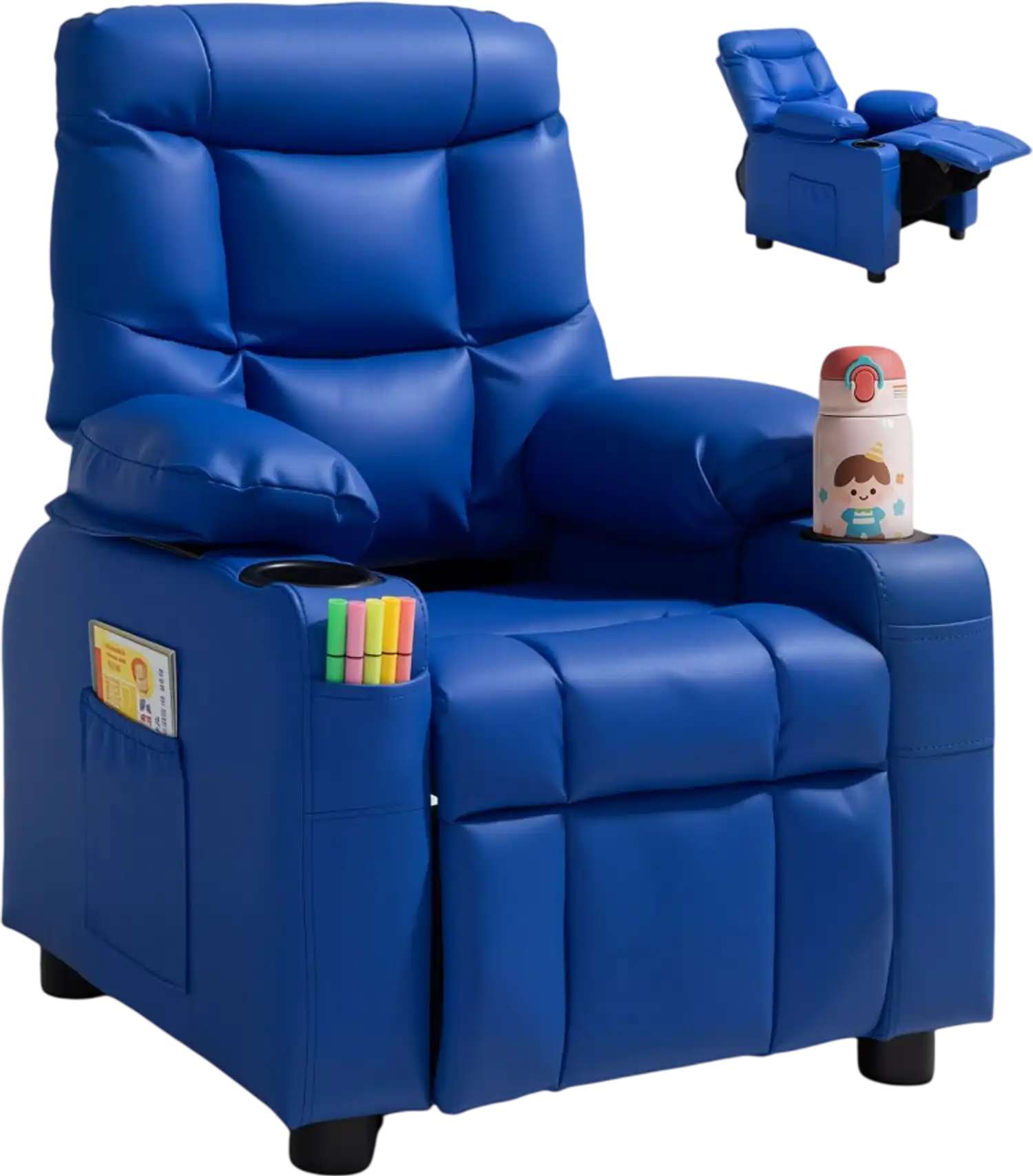 Vevor Recliner Chair Kids PU Leather Toddler Recliner with Cup Holders and Pockets Blue New
