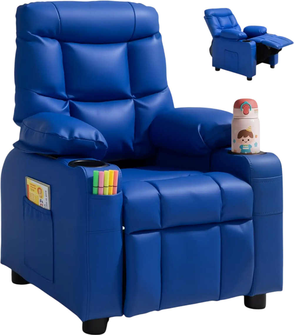 VEVOR Kids Reclining Chair, Toddler Recliner with Cup Holders and Pockets, 107° to 126° Adjustable Backrest, Easy-to-Clean PU Leather Recliner Couch with Footrest, for Boys & Girls, Children (Blue)