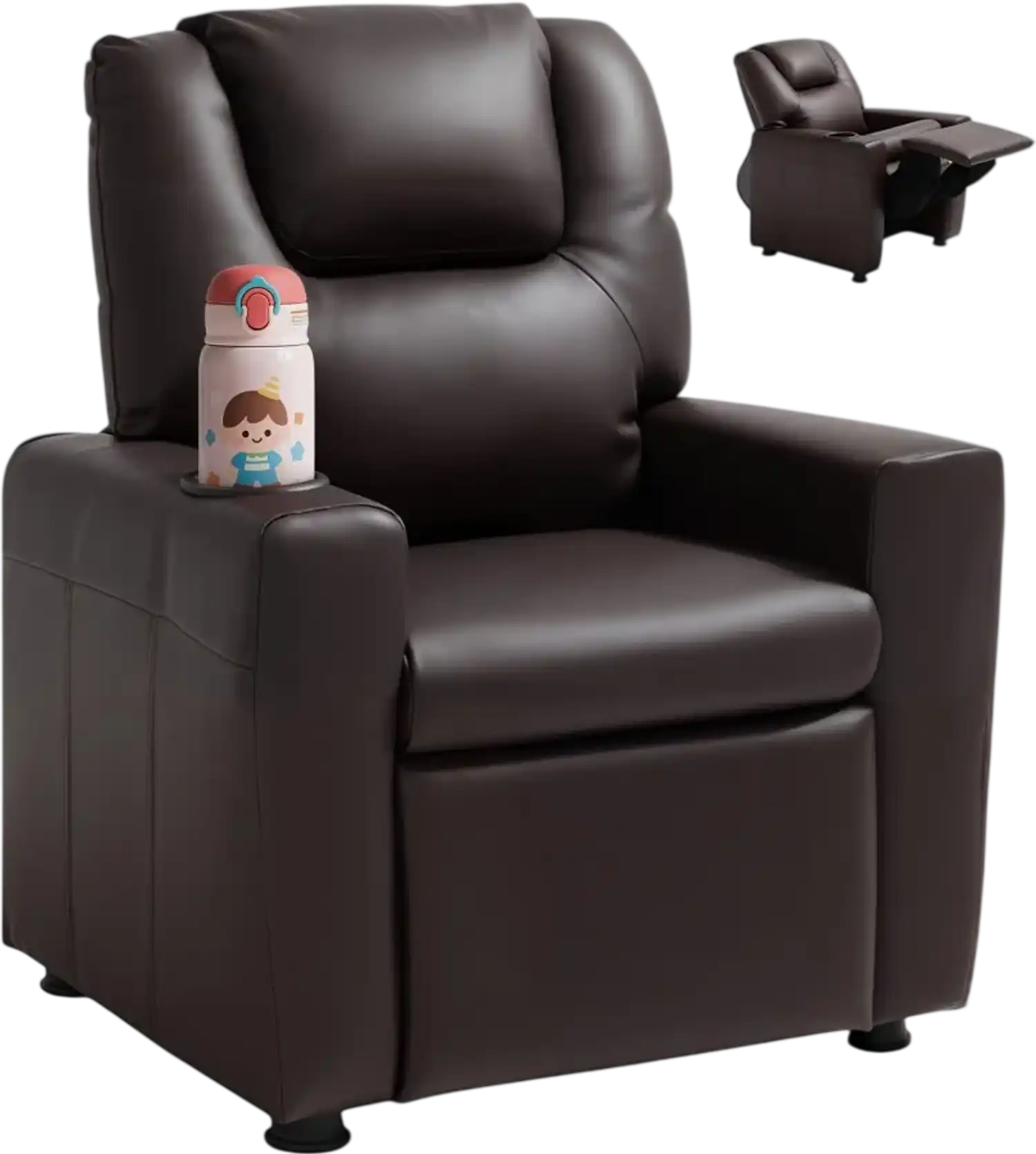 Vevor Reclining Chair Kids PU Leather Toddler Recliner with Cup Holder Brown New