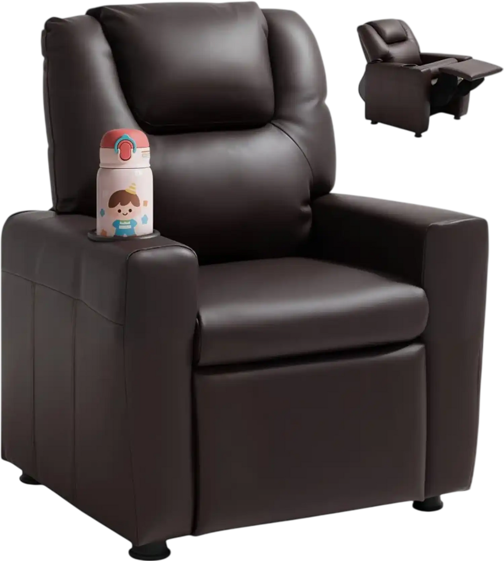 VEVOR Kids Reclining Chair, Toddler Recliner with Cup Holder, 101° to 121° Adjustable Backrest, Easy-to-Clean PU Leather Recliner Couch with Footrest, 90 lbs Load, for Boys & Girls, Children (Brown)