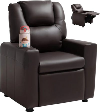 VEVOR Kids Reclining Chair, Toddler Recliner with Cup Holder, 101° to 121° Adjustable Backrest, Easy-to-Clean PU Leather Recliner Couch with Footrest, 90 lbs Load, for Boys & Girls, Children (Brown)