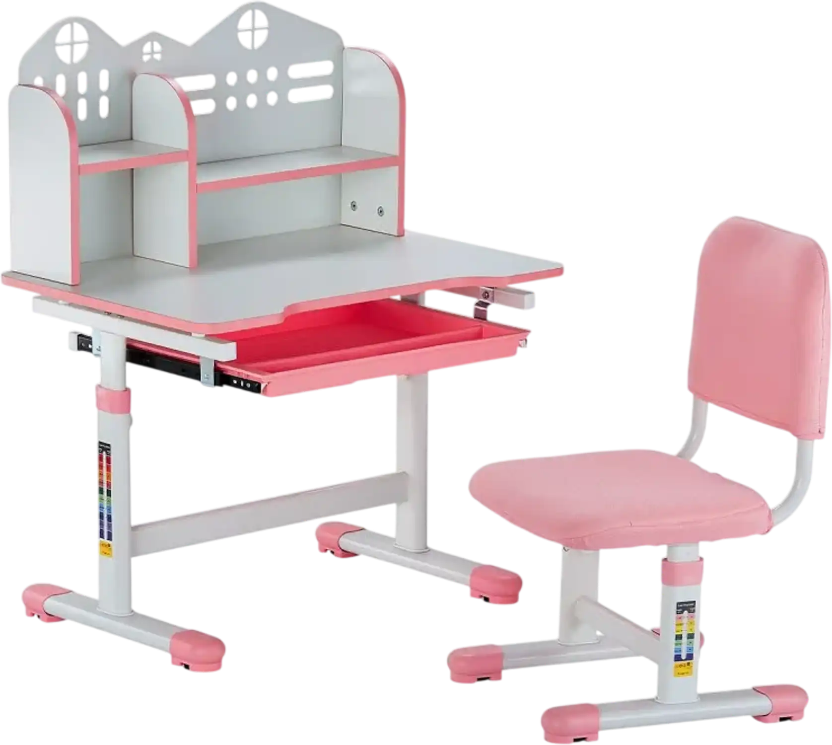 Vevor Kids Study Desk and Chair Set Adjustable Height with Bookshelf Drawer Pink New