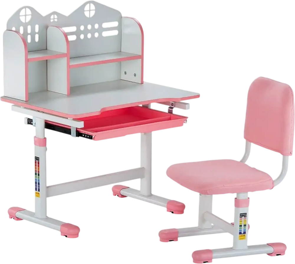 VEVOR Kids Study Chair and Desk Set, Study Desk and Chair for Kids with Bookshelf and Storage Drawer, Adjustable Height Kids Study Desk with Chair, Children Study Table for Bedroom & Study Room, Pink