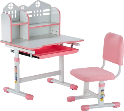 Vevor Kids Study Desk and Chair Set Adjustable Height with Bookshelf Drawer Pink New