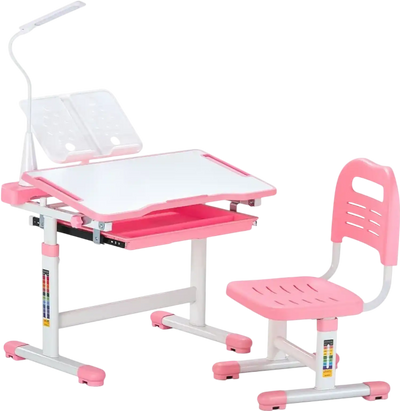VEVOR Kids Study Chair and Desk Set, Study Desk and Chair for Kids with Table Lamp, Adjustable Height & 0-40° Tilted Desktop Kids Desk and Chair, Children Study Table for Bedroom & Study Room, Pink