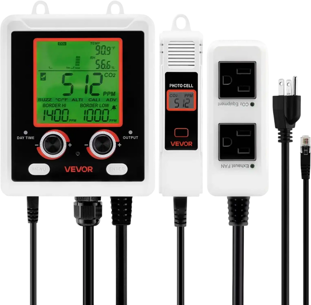 VEVOR Carbon Dioxide Monitoring Controller, Dual Outlets Carbon Dioxide Controller, CO2 Meter Monitor Day and Night Detection Feature, NDIR CO2 Sensor for Green House, Laboratories, Classrooms, Home