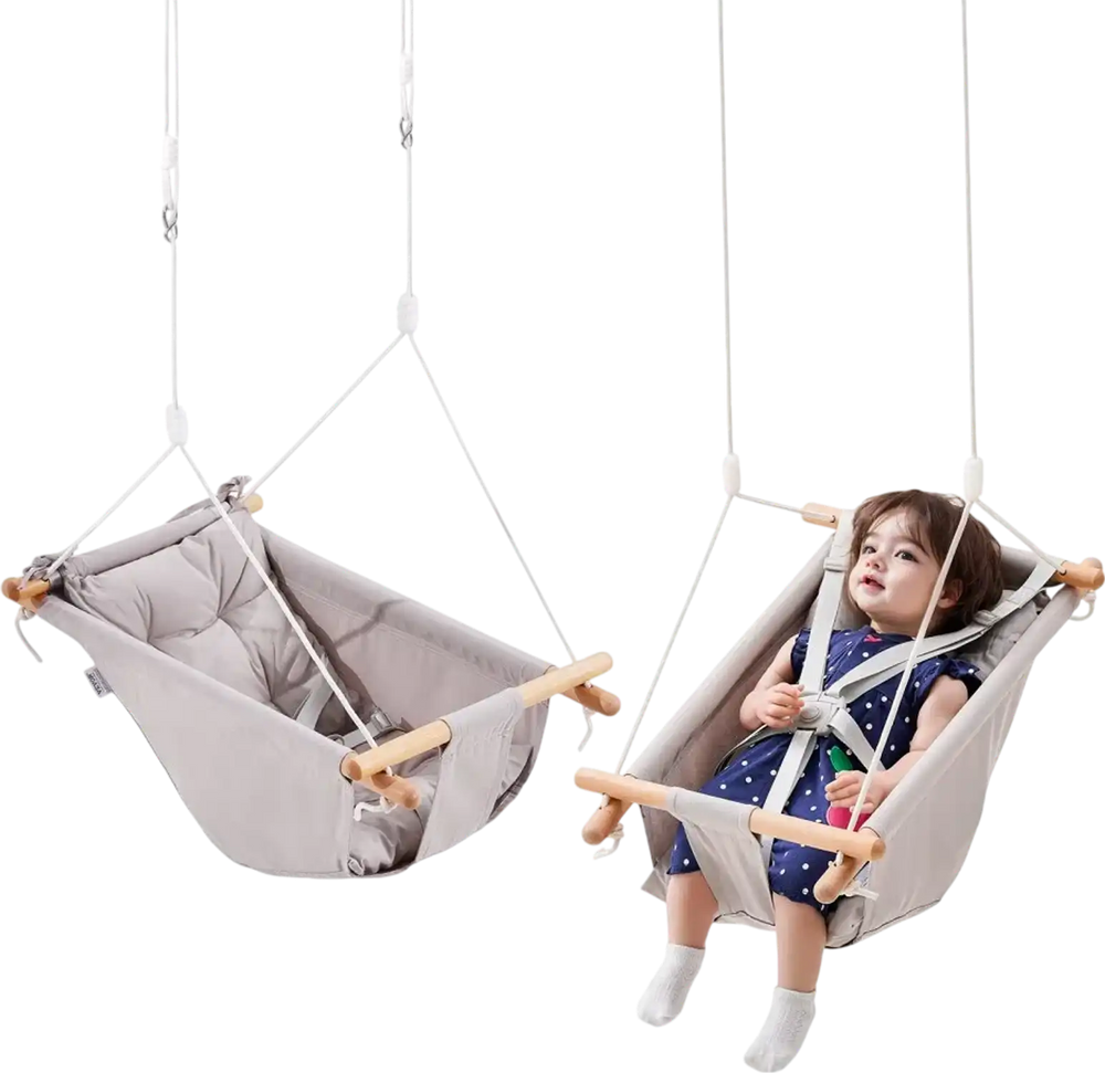 VEVOR Canvas Hammock Swing, 3 Modes Baby Swing Indoor and Outdoor with 5-Point Harness,  and Tree Straps, 150lbs Weight Capacity, Integrated Cushion, Wooden Hanging Swing Seat for Baby to Toddler