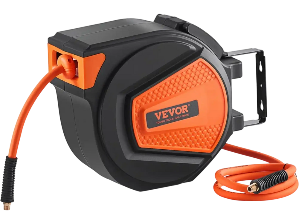 VEVOR Retractable Air Hose Reel, 3/8 IN x 50 FT Hybrid Air Hose Max 300PSI, Air Compressor Hose Reel with 5 In Lead in, Ceiling / Wall Mount Enclosed Air Reel, 180° Swivel Mount