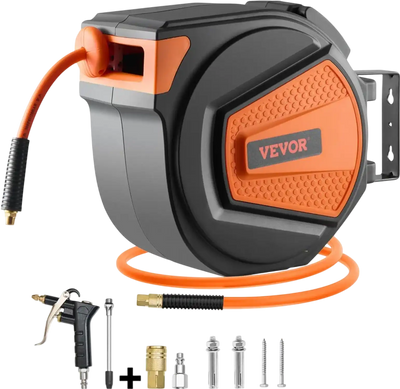 VEVOR Retractable Air Hose Reel, 3/8IN x 65FT Hybrid Air Hose Max 300PSI, Air Compressor Hose Reel Auto-Rewind with 6.6 FT Lead in, Ceiling/Wall Mount Enclosed PP Reel & Built-in 180° Swivel Bracket