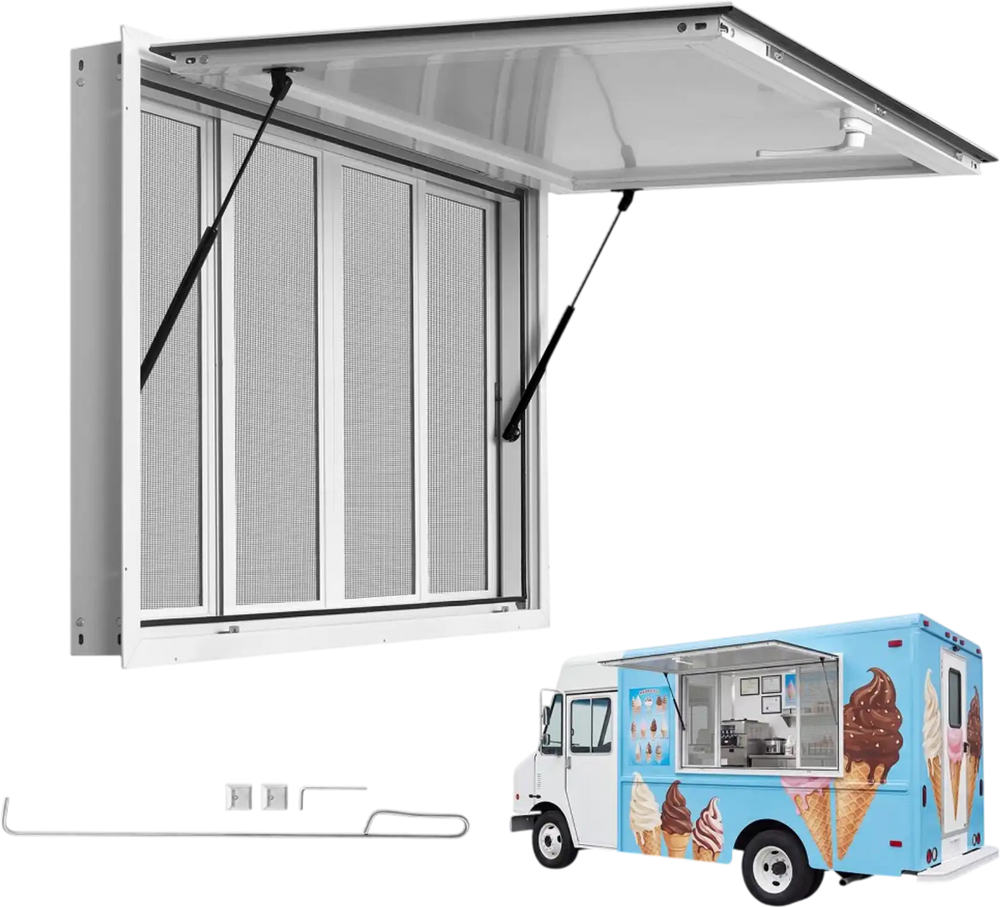 VEVOR Concession Window 45x30 in Aluminum Alloy Service Window, for Food Truck, Up to 85 Degrees Stand Serving with 4 Sliding Screen Windows, Awning Door and Drag Hook, Rainwater Resistant