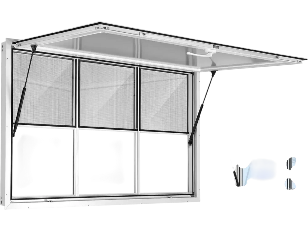 VEVOR Concession Window 60x36 in Aluminum Alloy Service Window, for Food Truck, Up to 85 Degrees Stand Serving with 3 Fixed & 3 Sliding Windows, Awning Door and Drag Hook, Rainwater Resistant