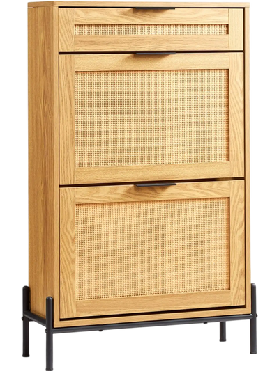 VEVOR Rattan Shoe Cabinet, Narrow Shoe Storage Organizer with 2 Flip Rattan Drawers & 1 Slide Drawer, Metal Legs, Slim Shoe Entryway Cabinet Ideal for Entryway, Closet, Hallway, Light Wood Color