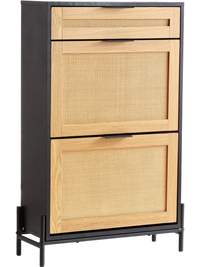 VEVOR Rattan Shoe Cabinet, Narrow Shoe Storage Organizer with 2 Flip Rattan Drawers & 1 Slide Drawer, Metal Legs, Slim Shoe Entryway Cabinet Ideal for Entryway, Closet, Hallway, Black