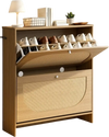 VEVOR Rattan Shoe Cabinet, 16 Pairs, 2 Flip Drawers, Adjustable Shelves for Entryway, Hallway and Living Room, Freestanding Narrow Shoes Wooden Rack, with 80 lb Top Surface and Tip-Over Restraint