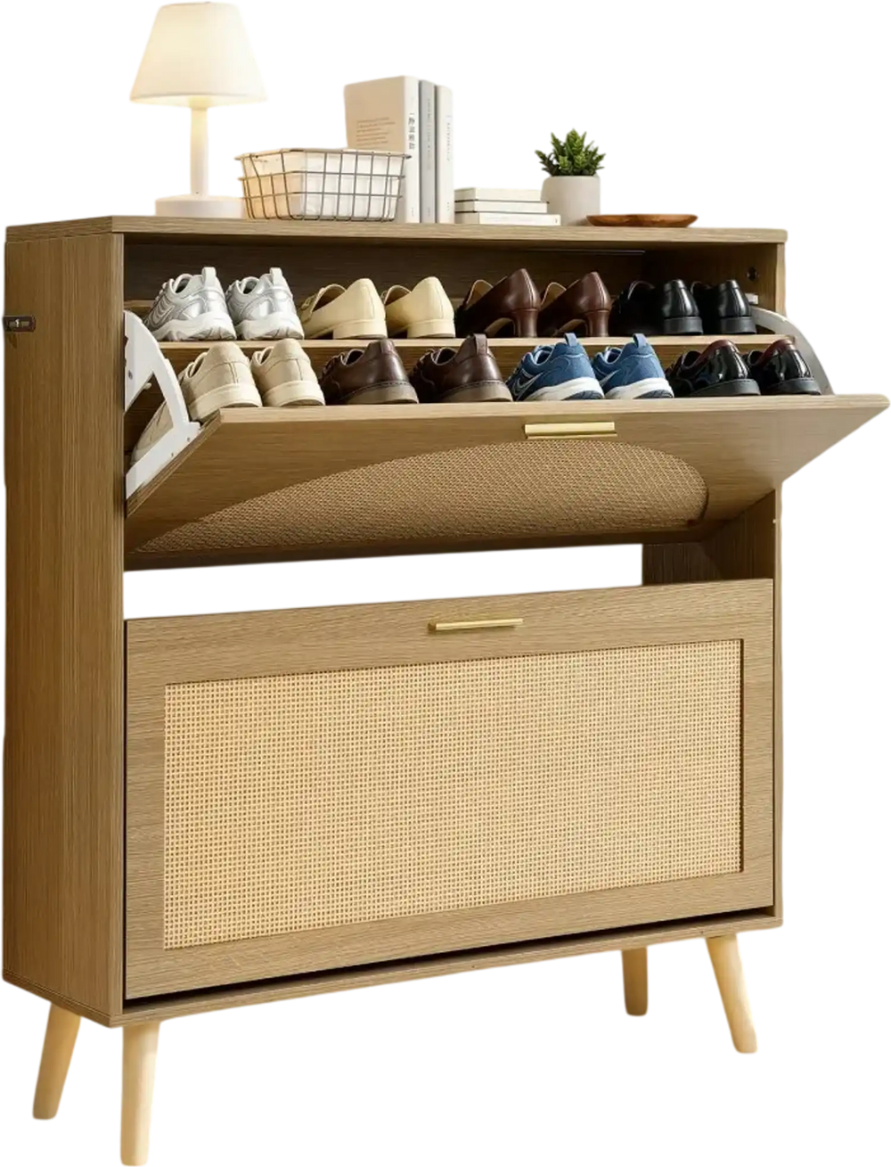 VEVOR Rattan Shoe Cabinet, 16 Pairs, 2 Flip Drawers, Adjustable Shelves for Entryway, Hallway and Living Room, Freestanding Narrow Shoes Wooden Rack, with 80 lb Top Surface and Tip-Over Restraint