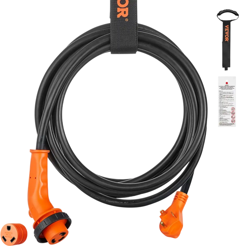VEVOR 25 Feet RV Power Cord, 30 Amp, Heavy Duty STW 3*10AWG Generator Cord, NEMA TT-30P Male NEMA L5-30R Female Plug, with LED Indicator Handle 15A Adapter, for RVs, generators, campers, ETL Listed