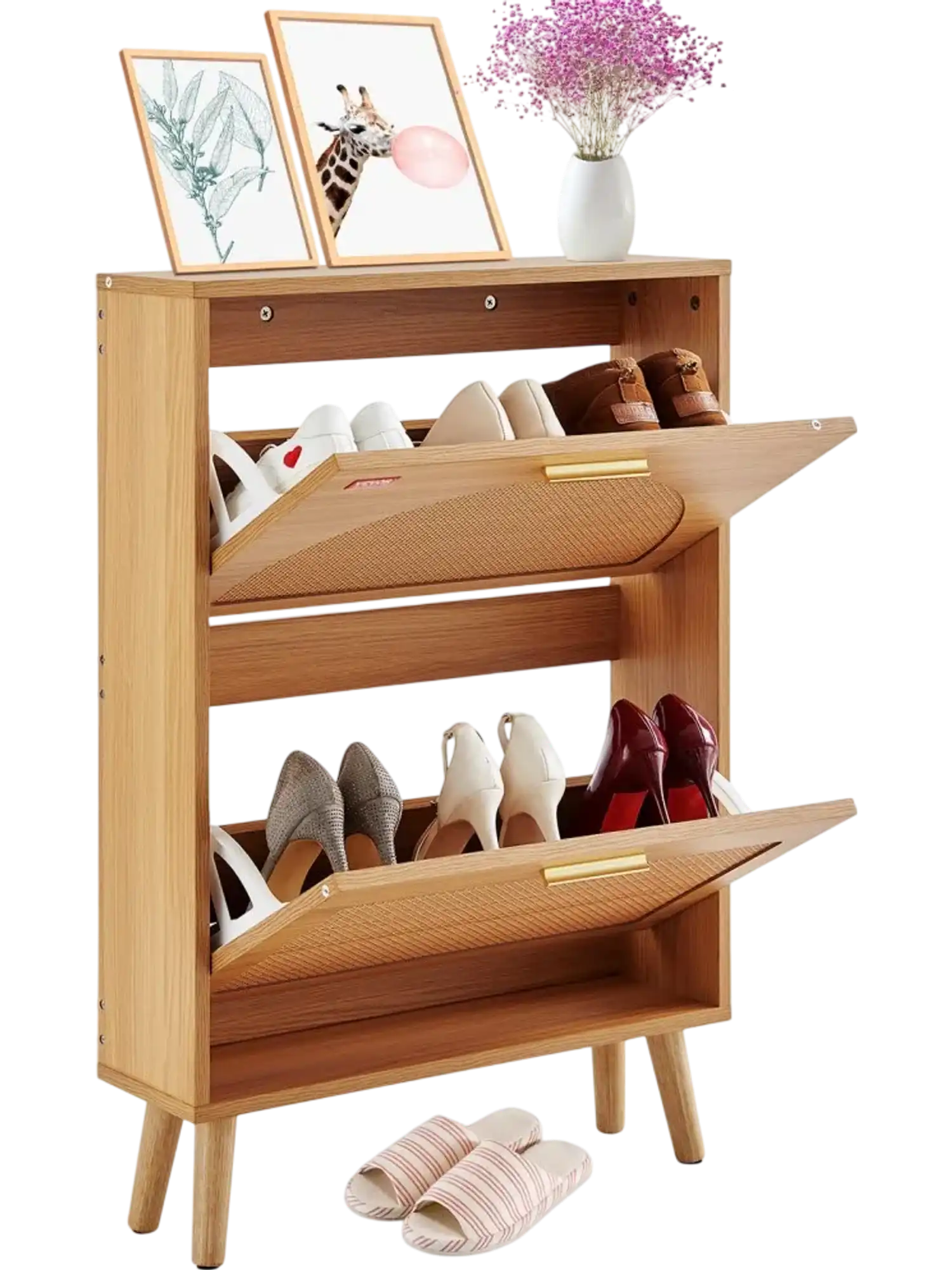 Vevor Shoe Cabinet 2 Flip Drawers Rattan Door Entryway Storage Organizer New