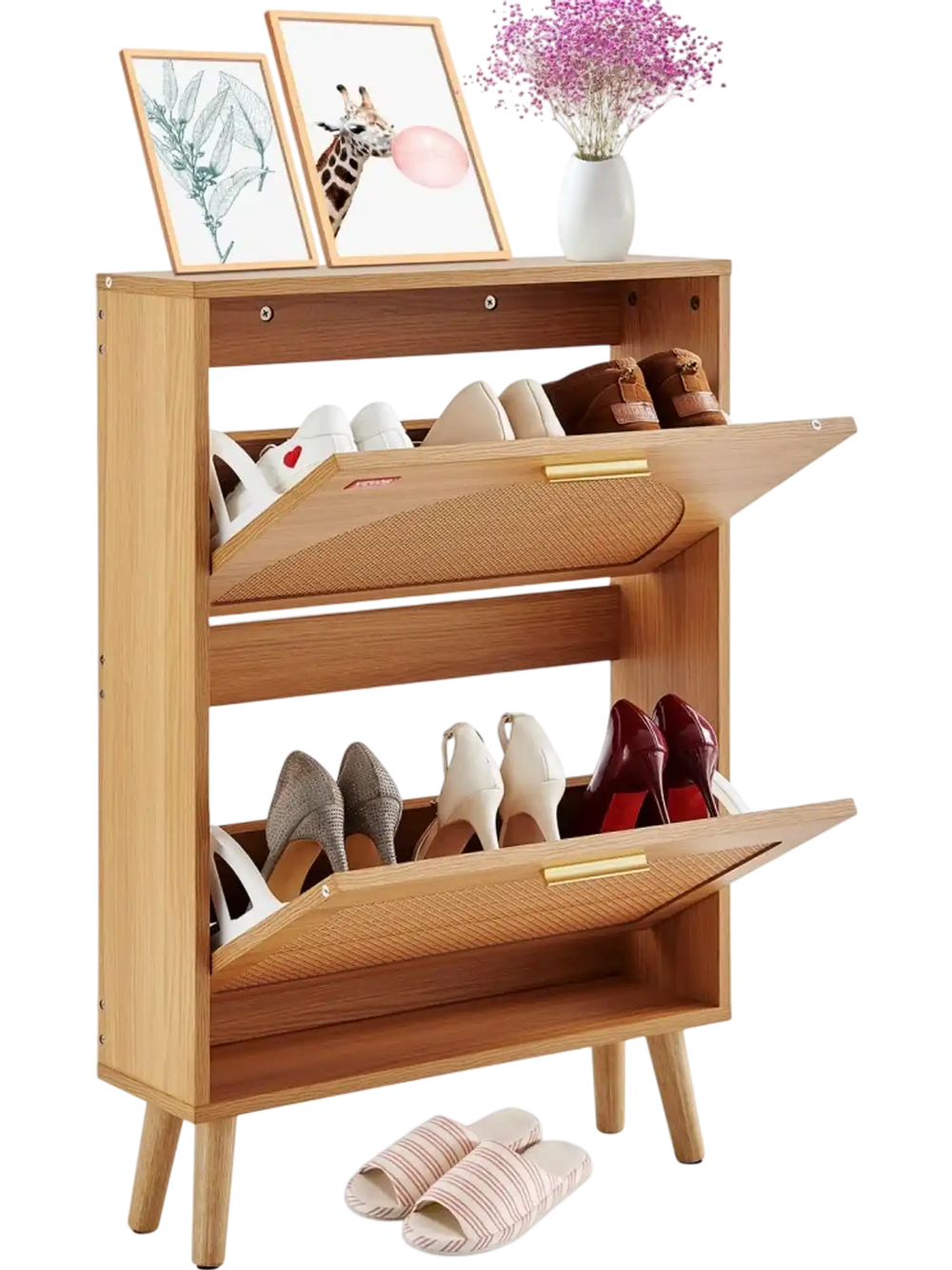 VEVOR Shoe Cabinet with 2 Flip Drawers, Shoe Storage Cabinet for Entryway, Free Standing Shoe Storage Organizer with Rattan Doors for Heels, Boots, Slippers in Hallway, Living Room