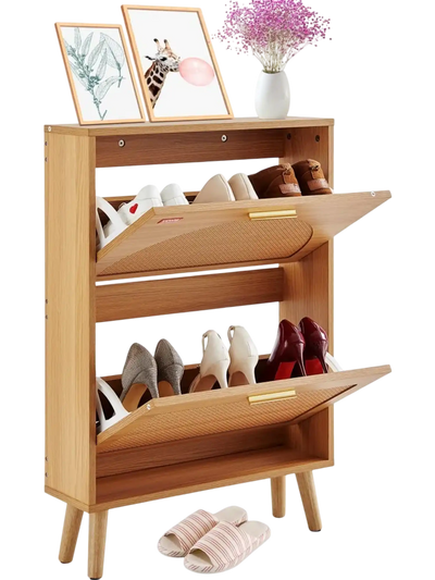 Vevor Shoe Cabinet 2 Flip Drawers Rattan Door Entryway Storage Organizer New