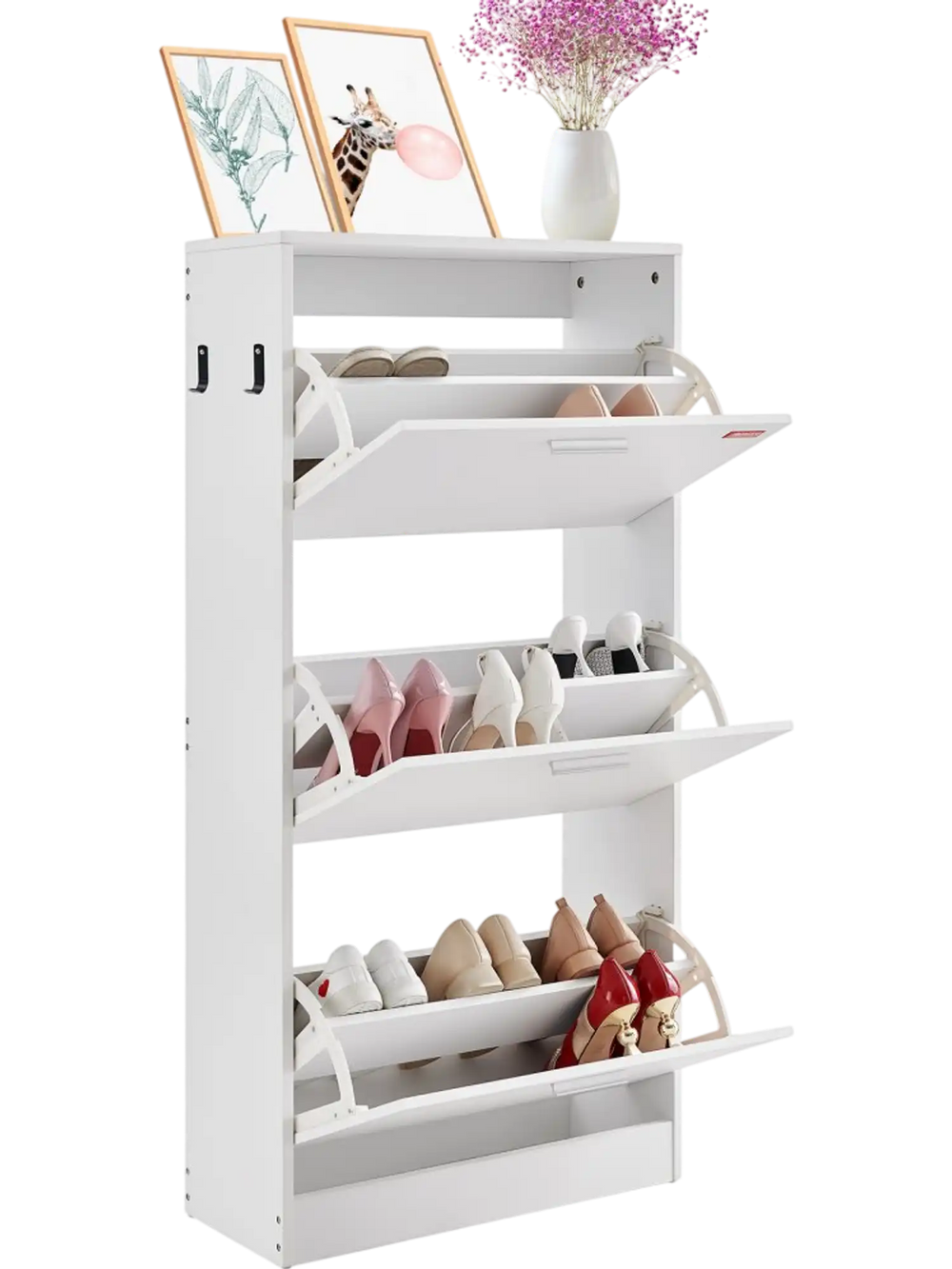 VEVOR Shoe Cabinet with 3 Flip Drawers, Shoe Storage Cabinet for Entryway, Free Standing Shoe Storage Organizer with Side Hooks for Heels, Boots, Slippers in Hallway, Living Room