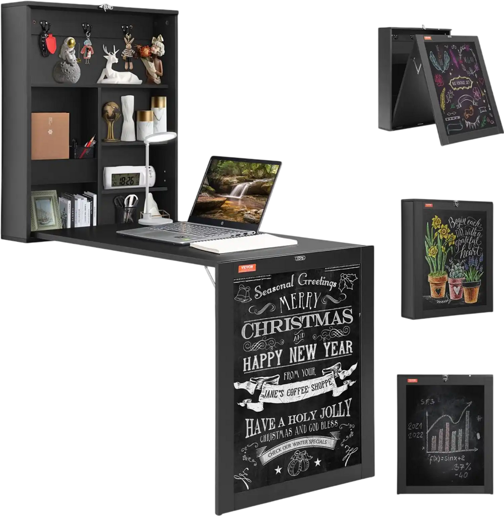 VEVOR Wall Mounted Desk, Fold out Convertible Desk, Multi-Function Folding Wall Table with Chalkboard for Home Office, Space Saving Computer Desk with Storage Area