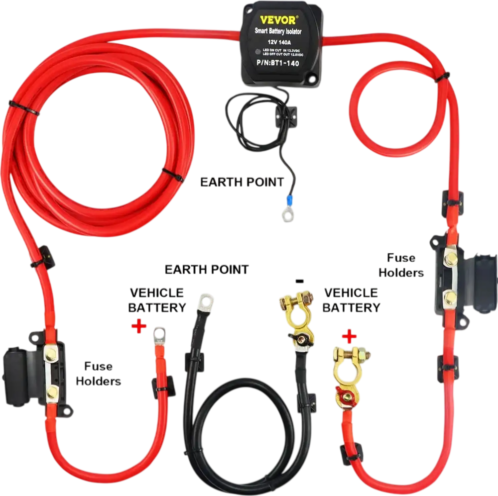 VEVOR Dual Battery Isolation Kit, 6m 12V, Auto Split Charge Relay System with 140AMP VSR, Fits RVs, Marine Crafts, Cars, Trucks, Caravans, Campers, Yachts, ATVs, UTVs, and Boats Workshop