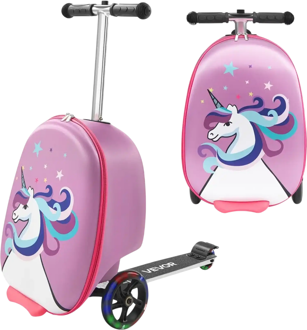 VEVOR Ride-on Luggage, 20 L Capacity, 20 Inches Kids Scooter Suitcase with Flash PU Wheels, Adjustable Handle & TPR Non-Slip Grip, Foldable & Lightweight Scooter Luggage for Kids Aged 5+, Purple