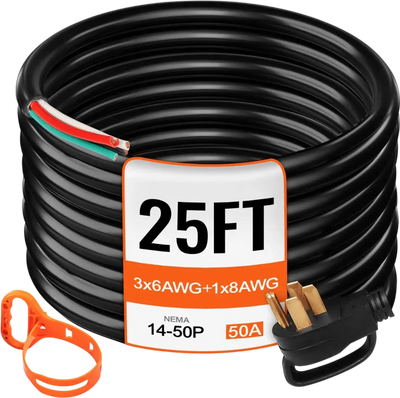 VEVOR 25' 50A RV Camp Power Cord Generator Cord 6/3 + 8/1 AWG NEMA 14-50P to Bare Wire