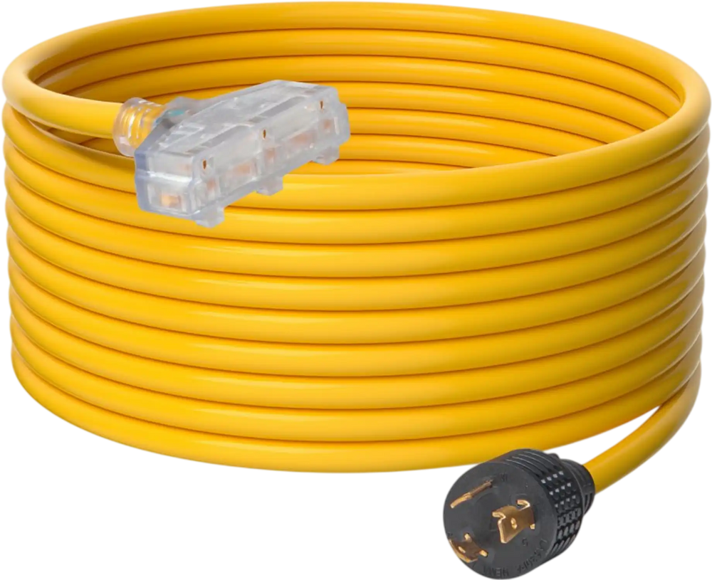VEVOR 30-Amp Generator Extension Cord, 25 Feet, 125V 375W Heavy Duty Generator Outdoor Power Cord, NEMA L5-30P / Three NEMA 5-15R STJW Flexible Power Cable with Twist Lock Connectors, for Generators