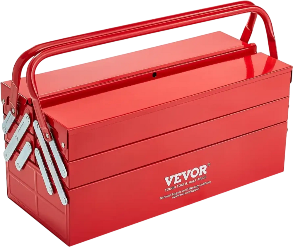 VEVOR Metal Tool Box, 18-inch, 3-Tier 5-Tray Portable Folding Tool Chest Organizer with Handle & Lock Hole, Powder Coated Steel, Cantilever Toolbox for Household Factory Warehouse Repair Shop, Red